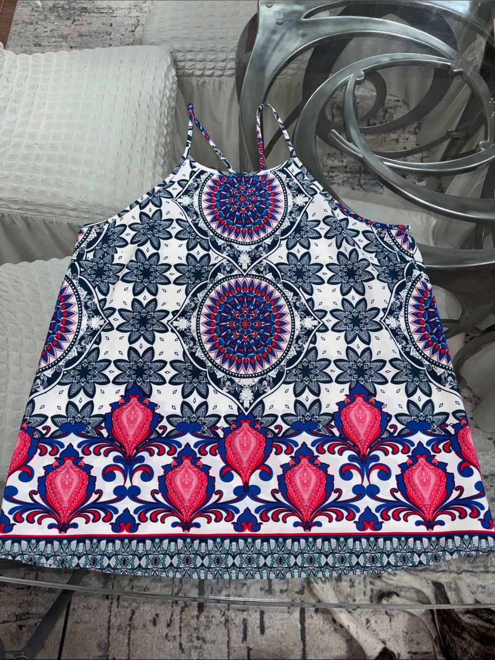 Renee C. White Tank Top with Blue & Pink Medallion Print